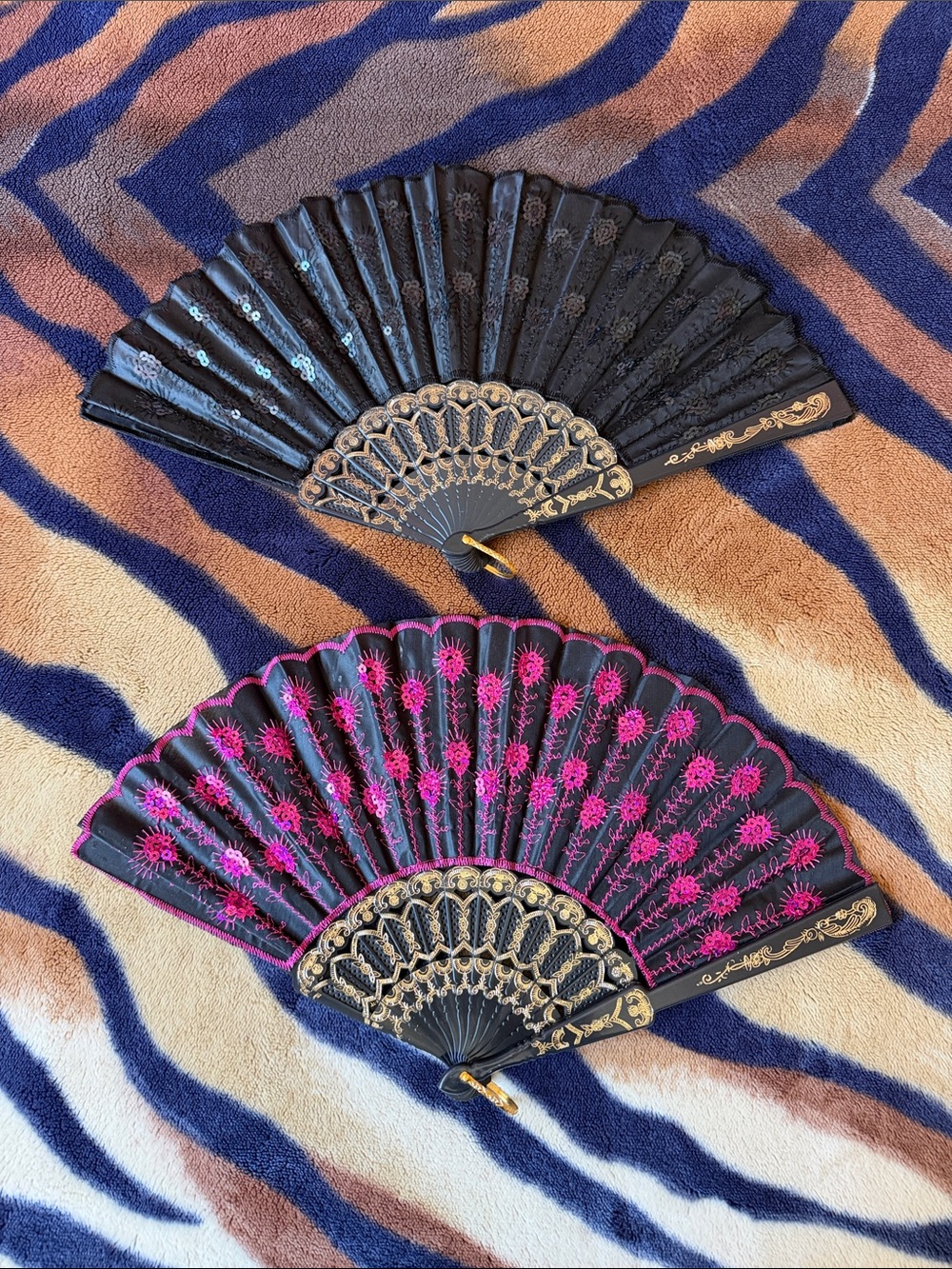 2 Handheld Folding Fans- Black with Pink Lace Accent